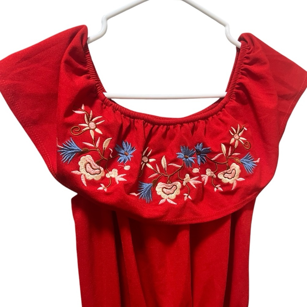 Red Embroidered Jumpsuit Floral One Piece Tall Skinny Empire Waist X-Small - Picture 3 of 7